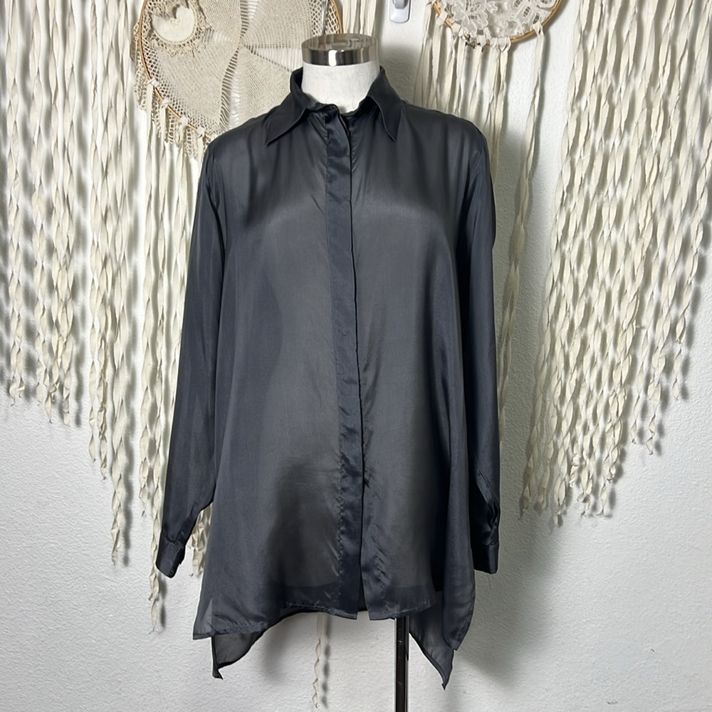 Matthildur Sheer Silk Horizon Shirt in Charcoal Size 2/L-XL Long Sleeve Tunic